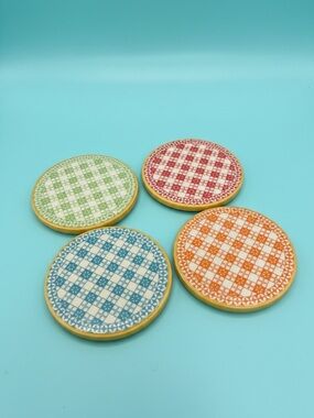 Pier 1 Ceramic Coasters Set of 4 Plaid MultiColor